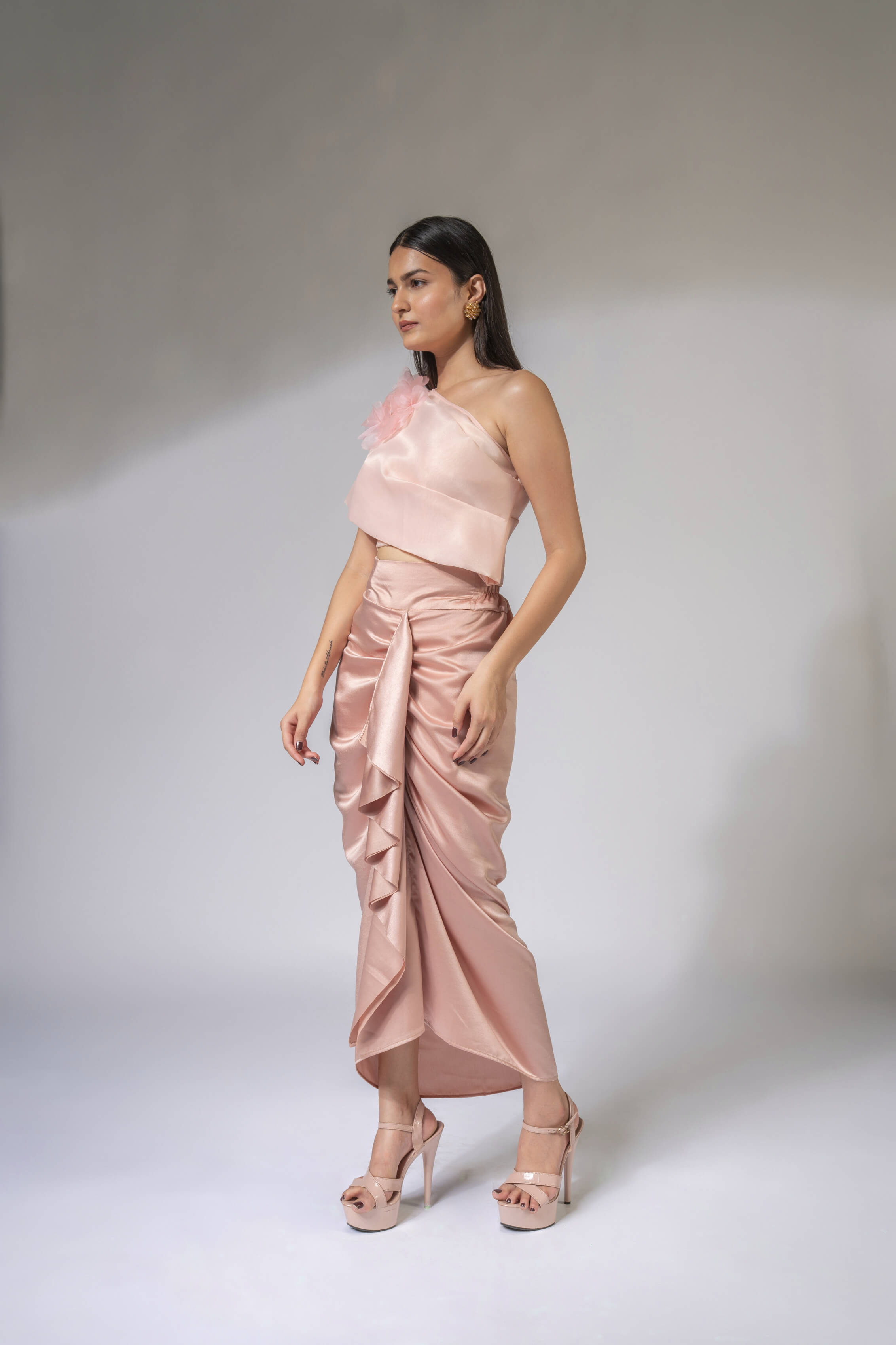 WEAVING CULT ROSE PINK LUXE SATIN DRAPED SKIRT