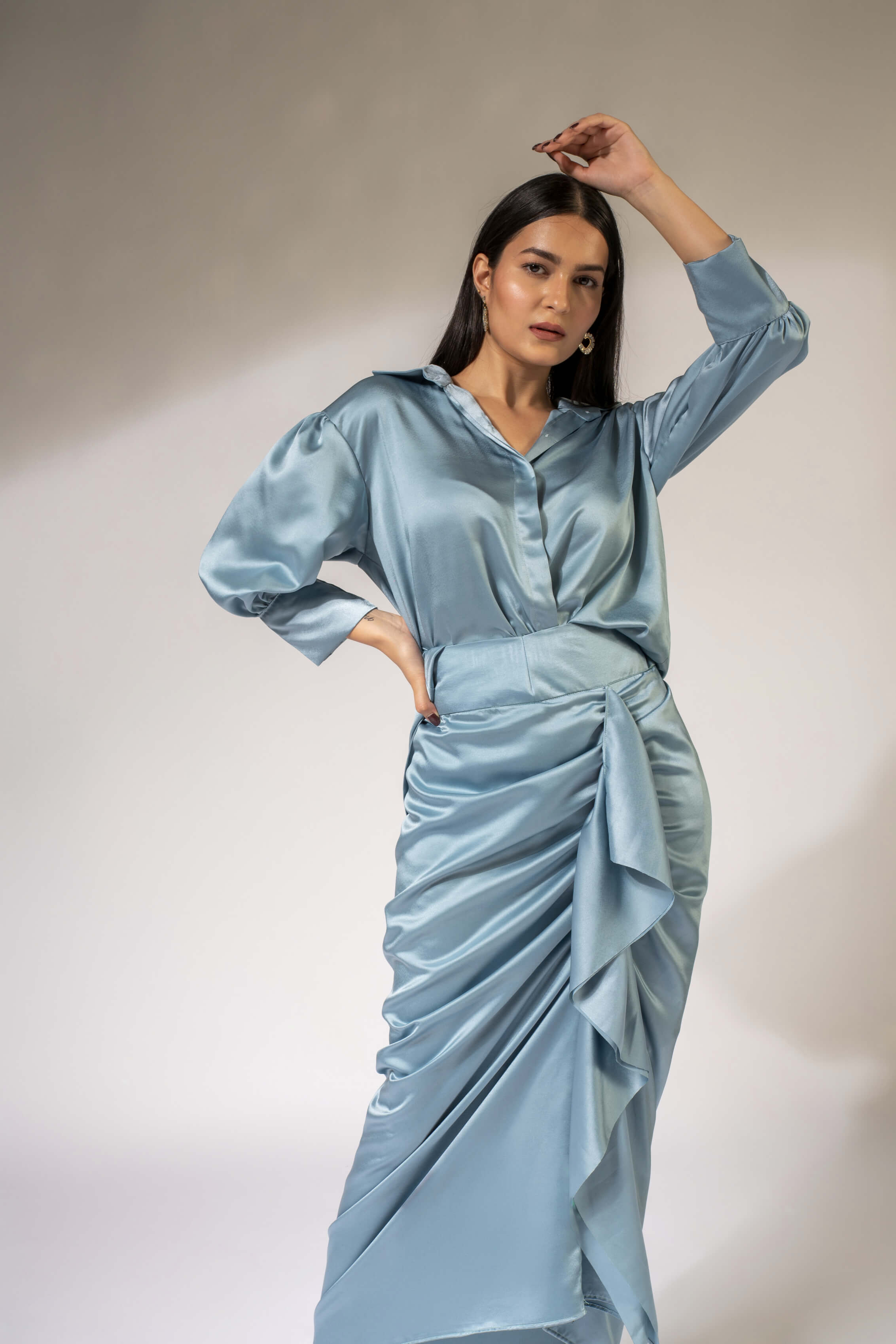 WEAVING CULT AQUA BLUE LUXE SATIN DRAPED SKIRT