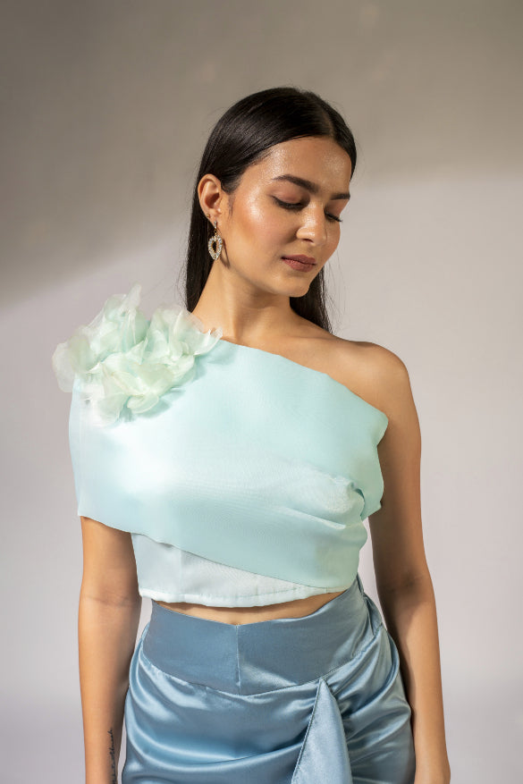 WEAVING CULT AQUA BLUE ORGANZA ONE OFF-SHOULDER TOP