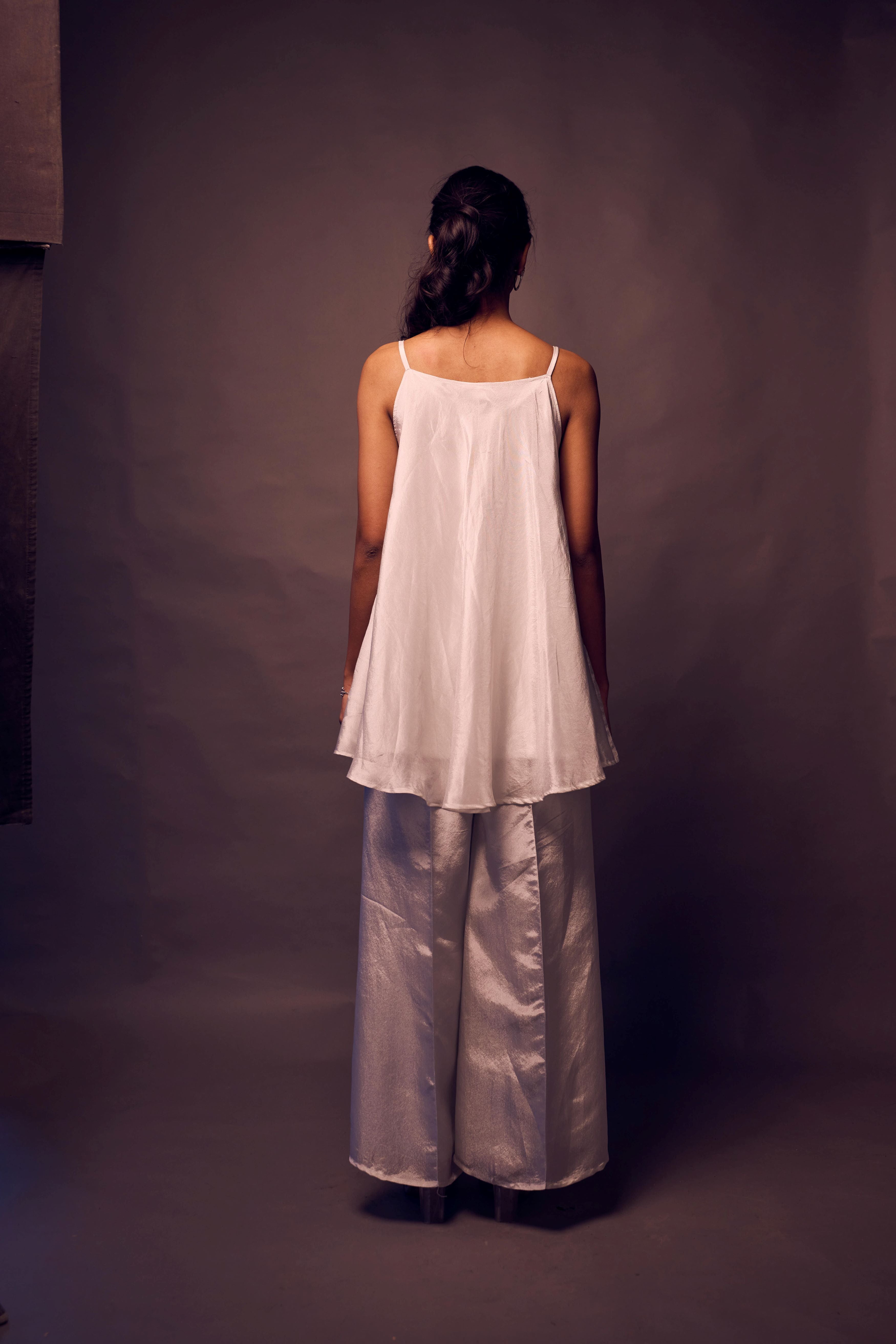 Weaving Cult Silver Tissue Bias Top With Flared Pants