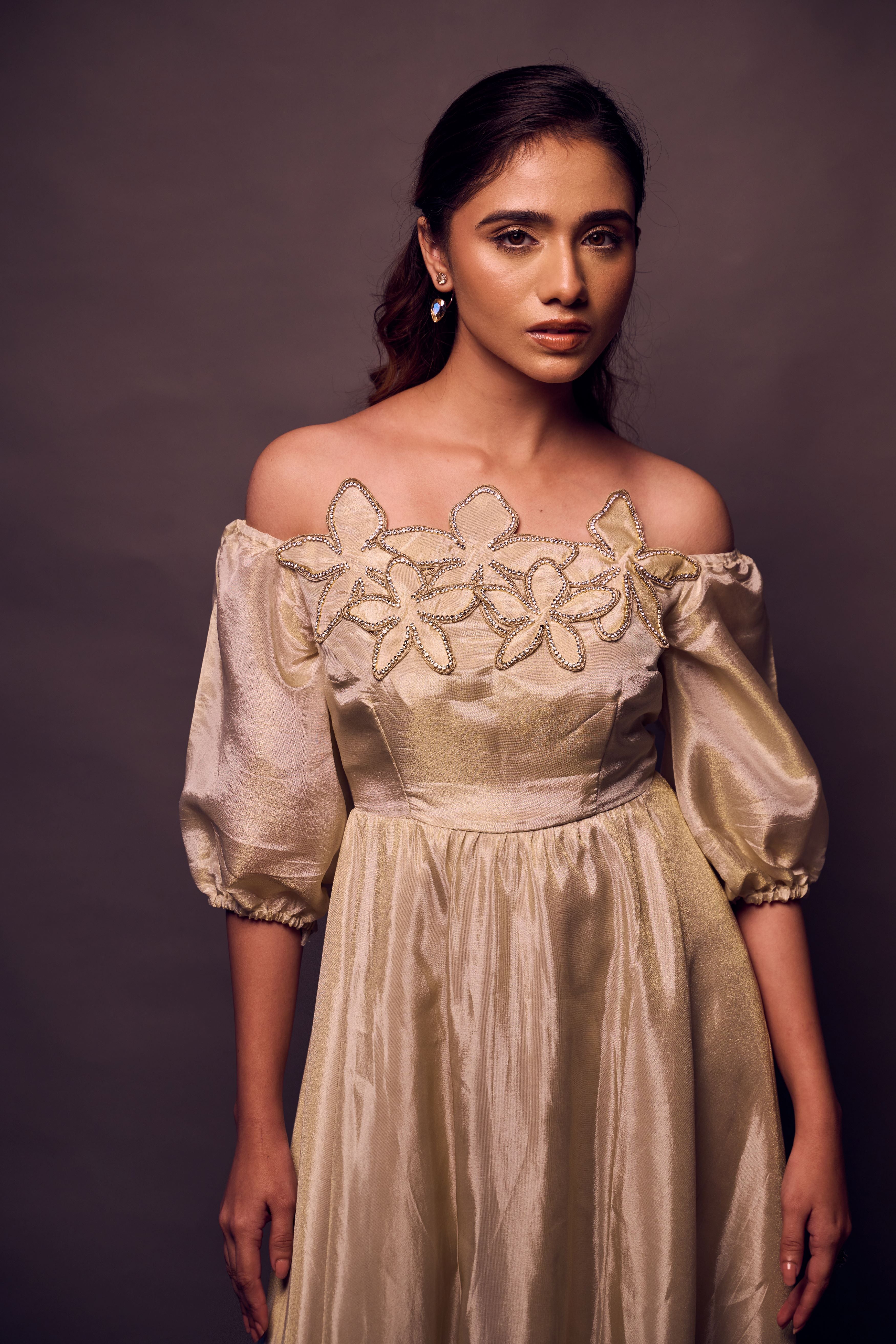 Weaving Cult Gold Tissue Off Shoulder Embellished Dress