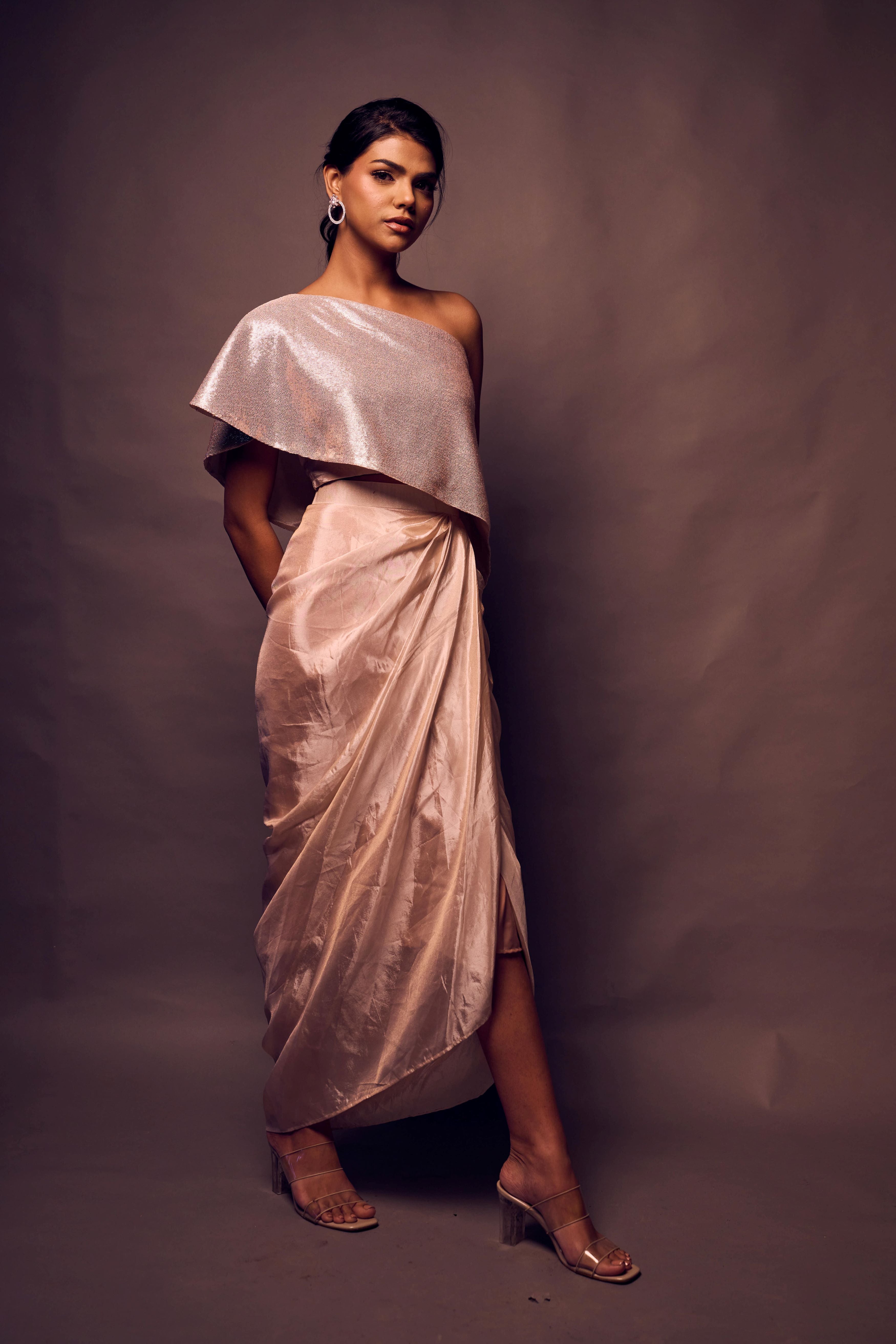 Weaving Cult Rose Gold Sequin Top With Drape Skirt