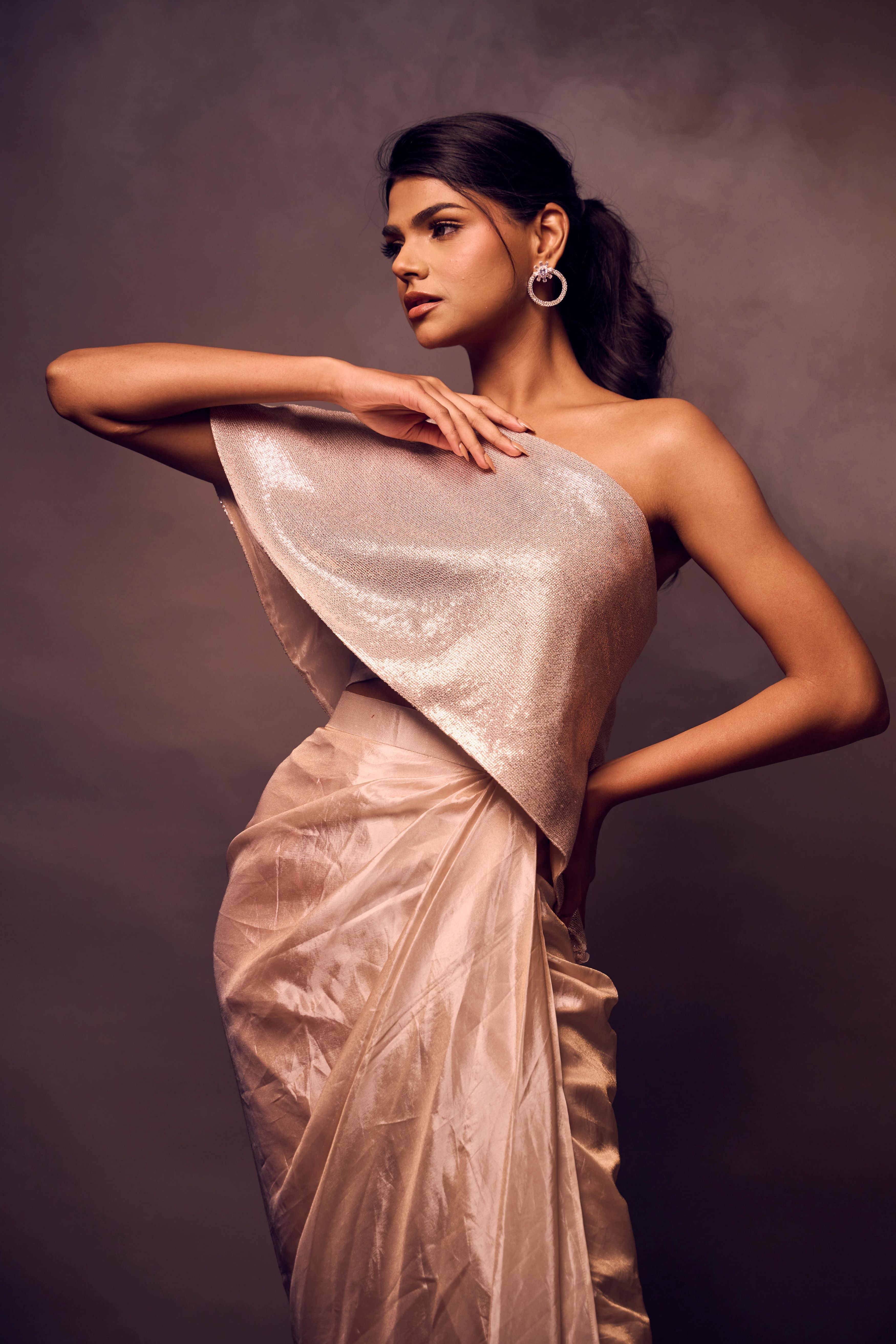 Weaving Cult Rose Gold Sequin Top With Drape Skirt