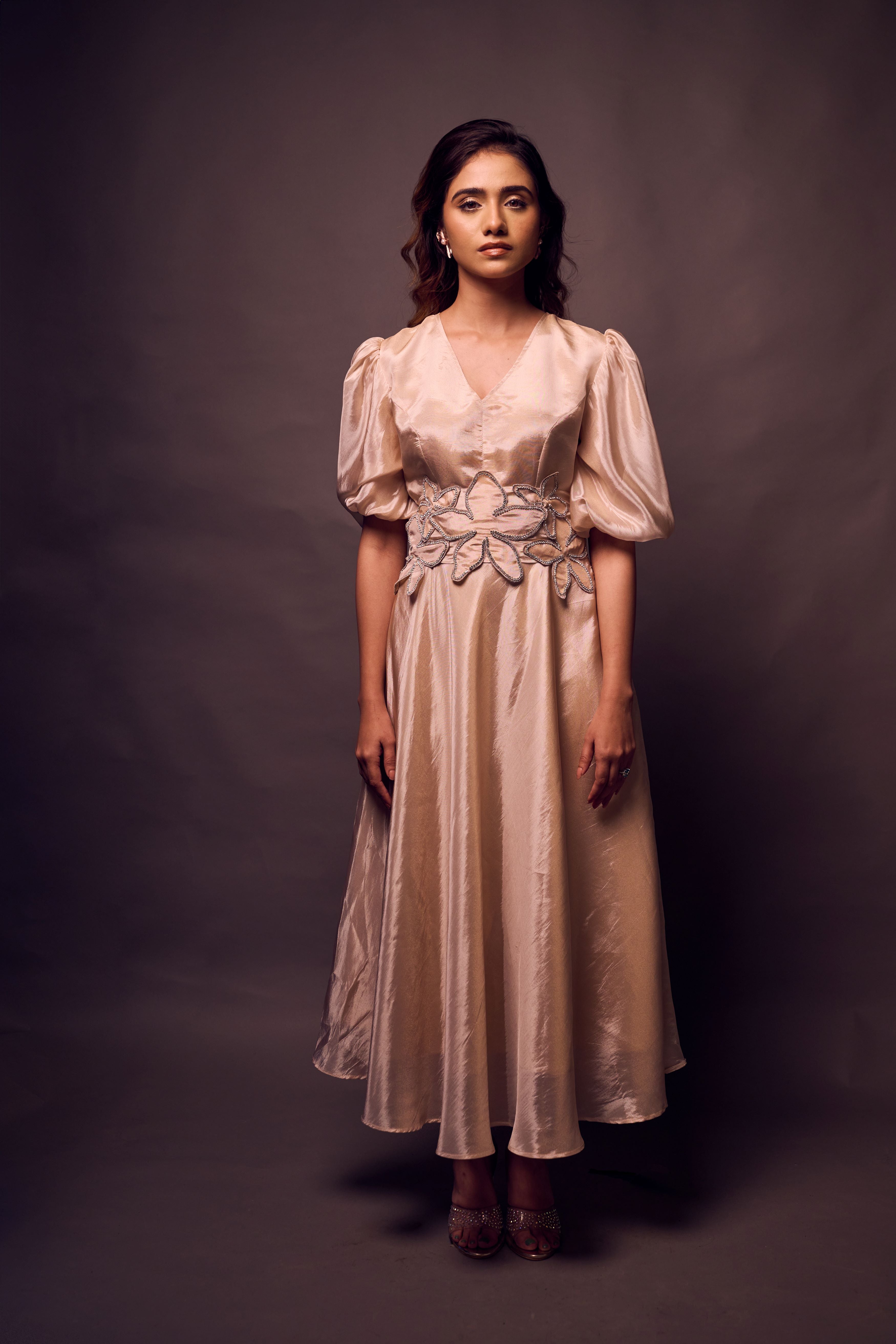 Weaving Cult Rose Gold Tissue Dress With Embellished Belt