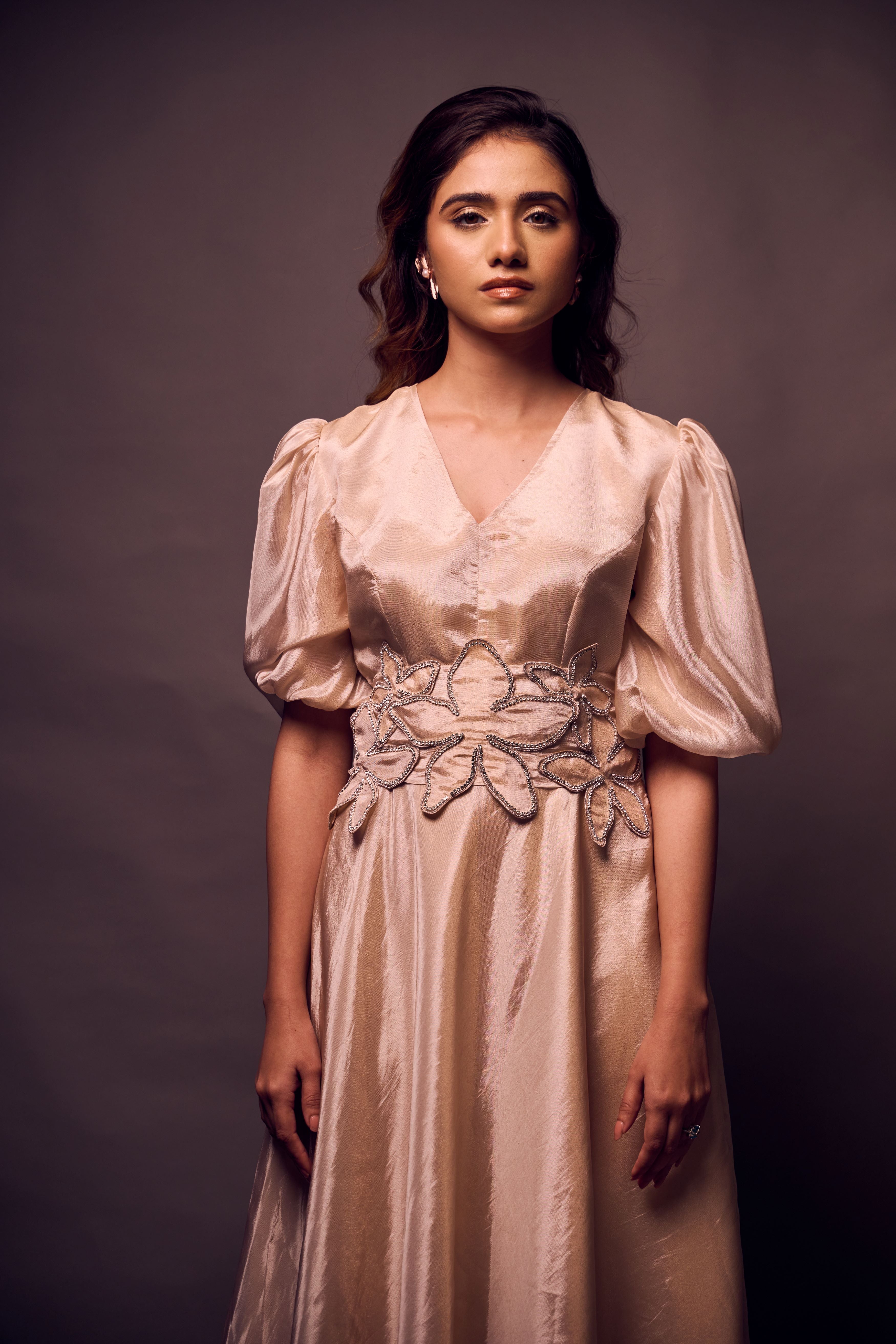 Weaving Cult Rose Gold Tissue Dress With Embellished Belt