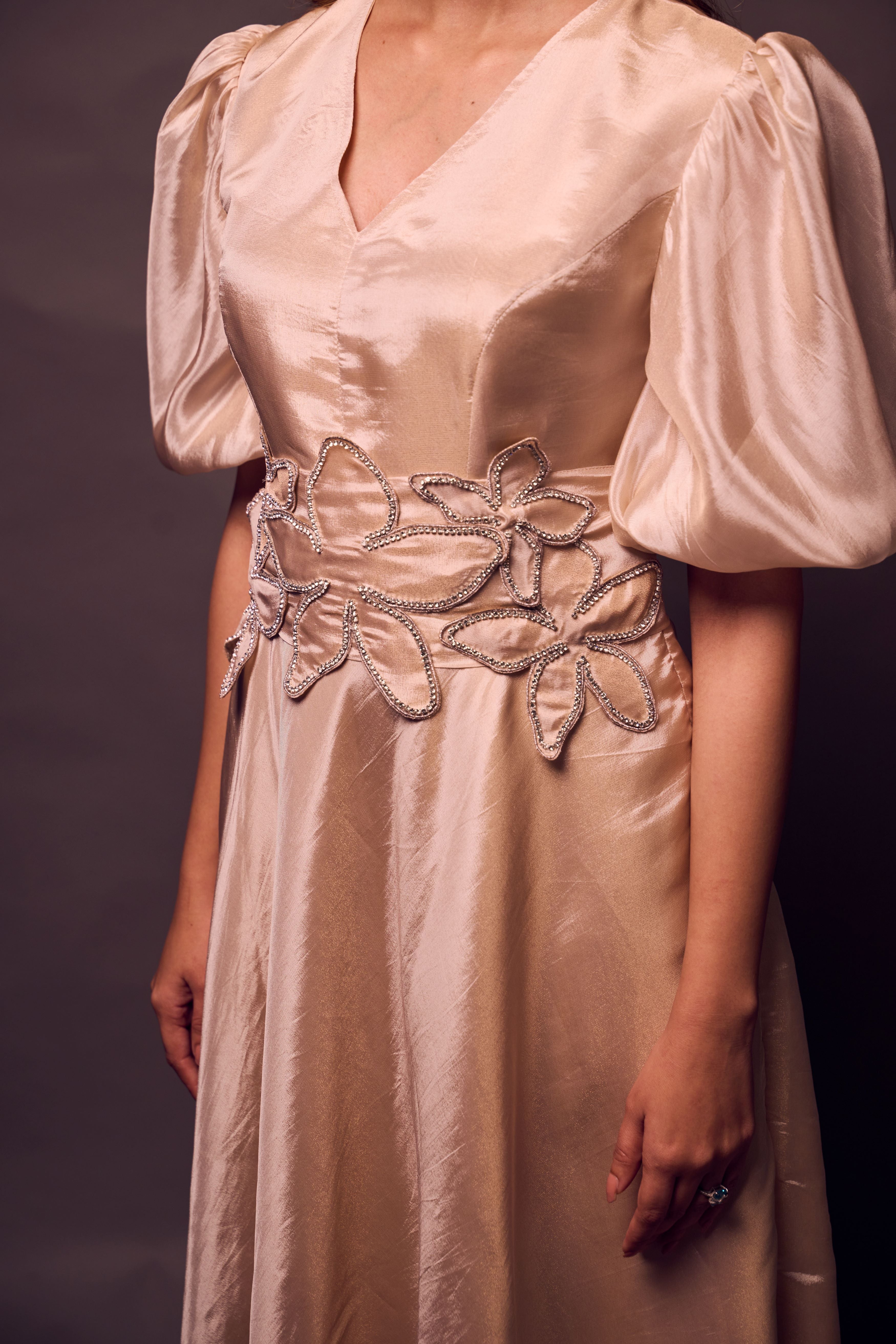 Weaving Cult Rose Gold Tissue Dress With Embellished Belt