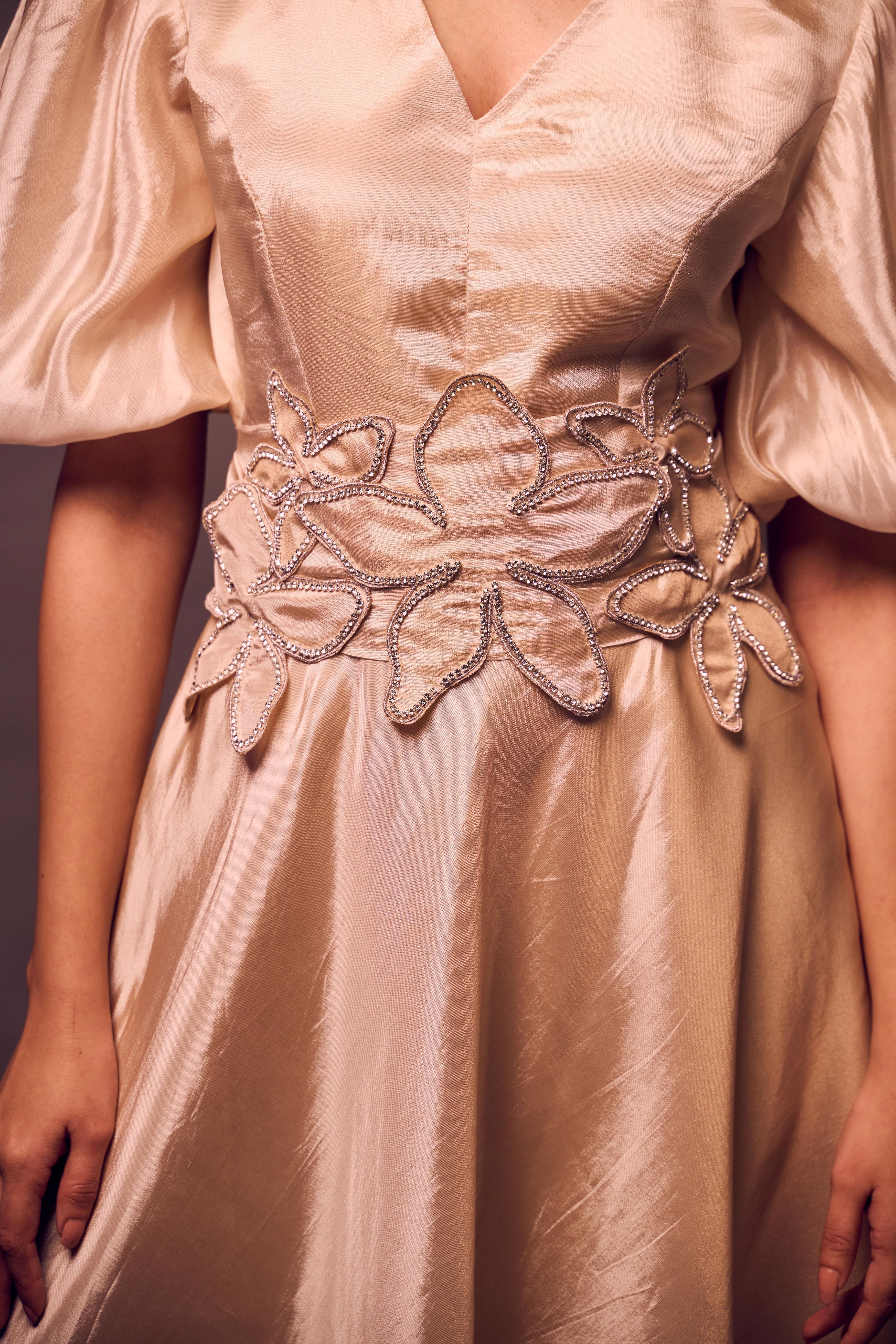 Weaving Cult Rose Gold Tissue Dress With Embellished Belt