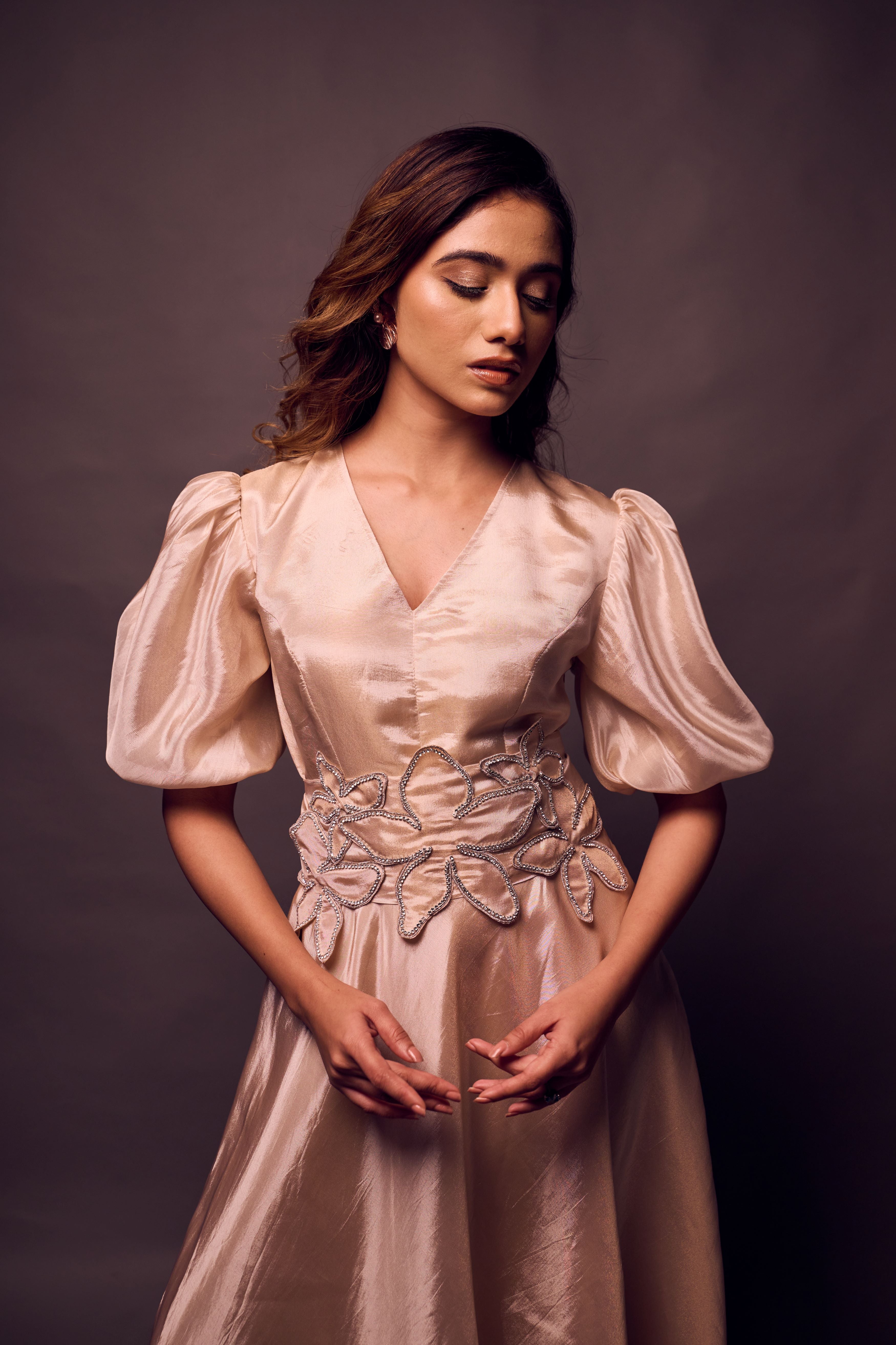 Weaving Cult Rose Gold Tissue Dress With Embellished Belt